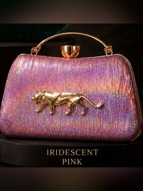 Sabyasachi Inspired Shimmering Pink Clutch with Gold Tiger Motif